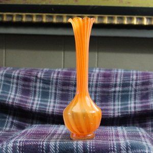 Vintage Orange Striped Handblown Glass Ruffled Bud Vase